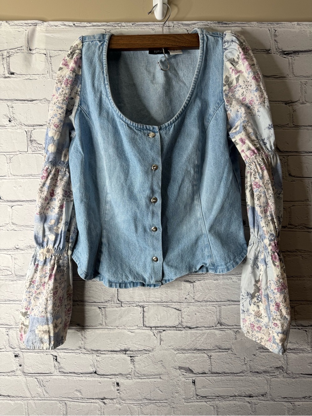 Vintage Denim Peasant Blouse with Floral Puff Sleeves - Europa boutique size 4